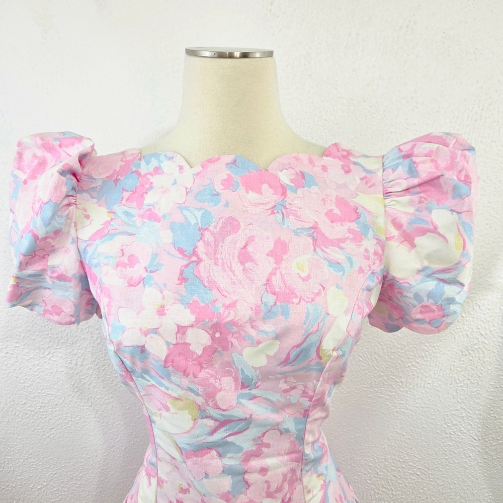 Vintage 80's Alfredo Angelo Dress Garden Party Floral Pastel Puff Sleeves 11/12 - Picture 3 of 9